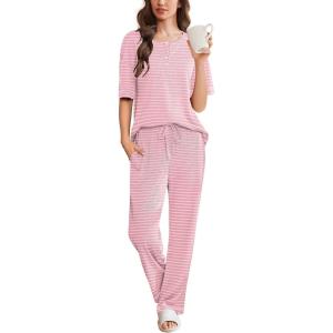 imageEkouaer Womens Pajama Sets Waffle Knit Pajamas for Women Set Loungewear 2 Piece Pjs with Pockets Short Sleeve Top Long PantStripepink White