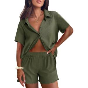 imageEkouaer Womens Ribbed Knit Lounge Set Short Sleeve Button Down Top and Shorts Pajama Set 2 Piece Sleepwear Outfits SetArmy Green