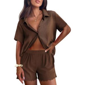 imageEkouaer Womens Ribbed Knit Lounge Set Short Sleeve Button Down Top and Shorts Pajama Set 2 Piece Sleepwear Outfits SetBrown