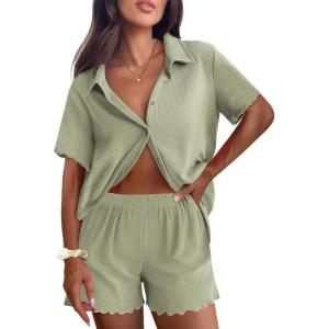 imageEkouaer Womens Ribbed Knit Lounge Set Short Sleeve Button Down Top and Shorts Pajama Set 2 Piece Sleepwear Outfits SetLight Green