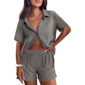 imageEkouaer Womens Ribbed Knit Lounge Set Short Sleeve Button Down Top and Shorts Pajama Set 2 Piece Sleepwear Outfits SetLight Grey