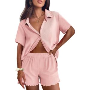 imageEkouaer Womens Ribbed Knit Lounge Set Short Sleeve Button Down Top and Shorts Pajama Set 2 Piece Sleepwear Outfits SetLight Pink