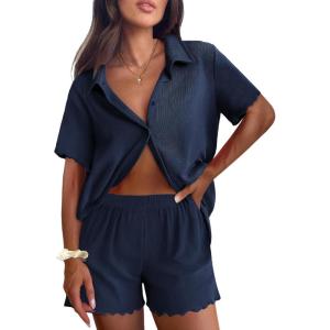 imageEkouaer Womens Ribbed Knit Lounge Set Short Sleeve Button Down Top and Shorts Pajama Set 2 Piece Sleepwear Outfits SetNavy Blue