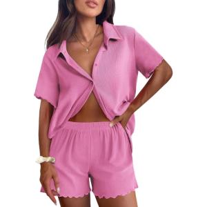 imageEkouaer Womens Ribbed Knit Lounge Set Short Sleeve Button Down Top and Shorts Pajama Set 2 Piece Sleepwear Outfits SetPink