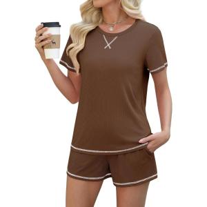 imageEkouaer Womens Shorts Set Summer Outfits Short Sleeve Lounge Set 2 Pieces Soft Sleepwear Pajamas Set with PocketsBrown
