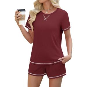 imageEkouaer Womens Shorts Set Summer Outfits Short Sleeve Lounge Set 2 Pieces Soft Sleepwear Pajamas Set with PocketsWine Red