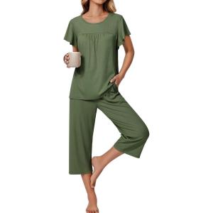 imageEkouaer Capri Pajamas for Women Set Short Sleeve Lounge Set Soft Sleepwear Pullover Top and PantsArmy Green
