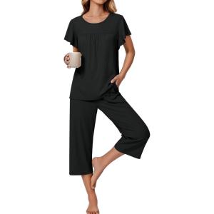 imageEkouaer Capri Pajamas for Women Set Short Sleeve Lounge Set Soft Sleepwear Pullover Top and PantsBlack