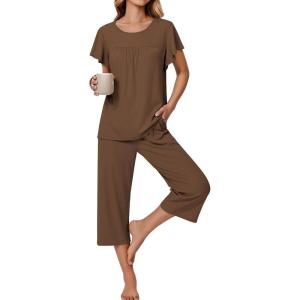 imageEkouaer Capri Pajamas for Women Set Short Sleeve Lounge Set Soft Sleepwear Pullover Top and PantsBrown