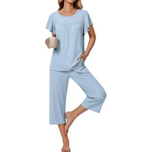 imageEkouaer Capri Pajamas for Women Set Short Sleeve Lounge Set Soft Sleepwear Pullover Top and PantsClear Blue