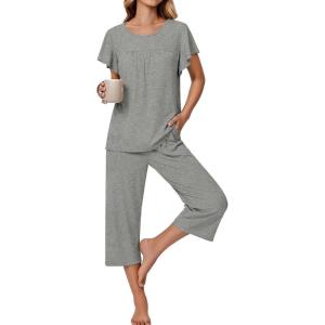 imageEkouaer Capri Pajamas for Women Set Short Sleeve Lounge Set Soft Sleepwear Pullover Top and PantsGrey