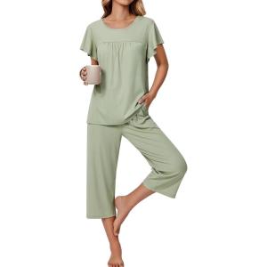imageEkouaer Capri Pajamas for Women Set Short Sleeve Lounge Set Soft Sleepwear Pullover Top and PantsIce Green