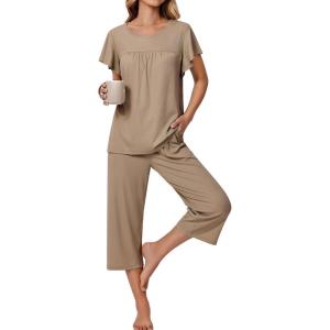 imageEkouaer Capri Pajamas for Women Set Short Sleeve Lounge Set Soft Sleepwear Pullover Top and PantsKhaki