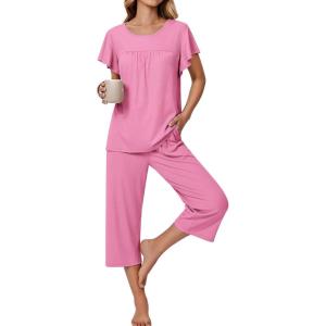 imageEkouaer Capri Pajamas for Women Set Short Sleeve Lounge Set Soft Sleepwear Pullover Top and PantsPink