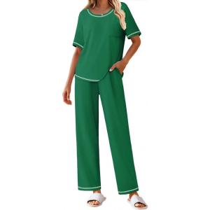 imageEkouaer Cotton Pajamas Sets for Women Soft Contrast Piping Lounge Set 2 Piece Short Sleeve Pj Set with PocketsArmy Green