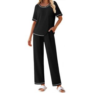 imageEkouaer Cotton Pajamas Sets for Women Soft Contrast Piping Lounge Set 2 Piece Short Sleeve Pj Set with PocketsBlack