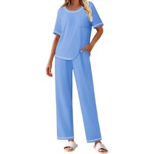 imageEkouaer Cotton Pajamas Sets for Women Soft Contrast Piping Lounge Set 2 Piece Short Sleeve Pj Set with PocketsBlue