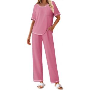 imageEkouaer Cotton Pajamas Sets for Women Soft Contrast Piping Lounge Set 2 Piece Short Sleeve Pj Set with PocketsDark Pink