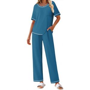 imageEkouaer Cotton Pajamas Sets for Women Soft Contrast Piping Lounge Set 2 Piece Short Sleeve Pj Set with PocketsIndigo