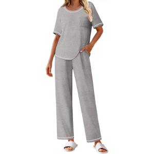 imageEkouaer Cotton Pajamas Sets for Women Soft Contrast Piping Lounge Set 2 Piece Short Sleeve Pj Set with PocketsLight Gray