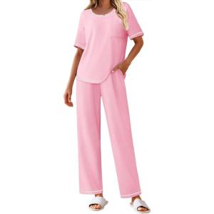 imageEkouaer Cotton Pajamas Sets for Women Soft Contrast Piping Lounge Set 2 Piece Short Sleeve Pj Set with PocketsPink