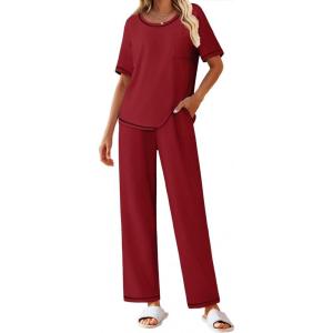imageEkouaer Cotton Pajamas Sets for Women Soft Contrast Piping Lounge Set 2 Piece Short Sleeve Pj Set with PocketsRed