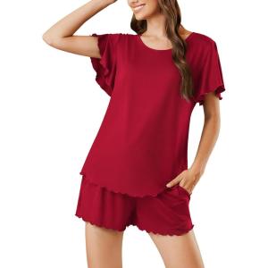 imageEkouaer Pajama Set for Women 2 Piece Lounge Set Short Sleeve Pjs Tops and Shorts Soft Sleepwear SXXLSolidred