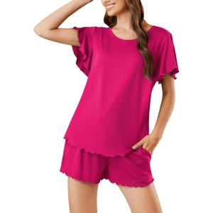 imageEkouaer Pajama Set for Women 2 Piece Lounge Set Short Sleeve Pjs Tops and Shorts Soft Sleepwear SXXLSolidrose Red