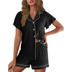 imageEkouaer Pajamas for Women Set Button Up Pjs Short Sleeve Ruffle Sleepwear Notch Collar Bride Soft Pj Lounge Sets SXXLBlack