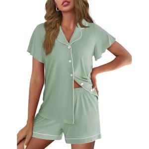 imageEkouaer Pajamas for Women Set Button Up Pjs Short Sleeve Ruffle Sleepwear Notch Collar Bride Soft Pj Lounge Sets SXXLLight Green