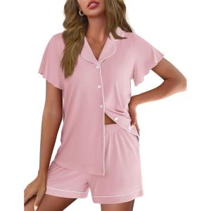 imageEkouaer Pajamas for Women Set Button Up Pjs Short Sleeve Ruffle Sleepwear Notch Collar Bride Soft Pj Lounge Sets SXXLLight Pink