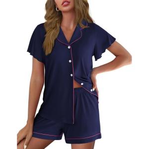 imageEkouaer Pajamas for Women Set Button Up Pjs Short Sleeve Ruffle Sleepwear Notch Collar Bride Soft Pj Lounge Sets SXXLNavy Blue