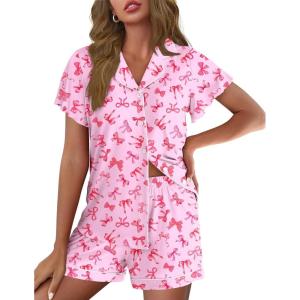 imageEkouaer Pajamas for Women Set Button Up Pjs Short Sleeve Ruffle Sleepwear Notch Collar Bride Soft Pj Lounge Sets SXXLPink Bow Tie