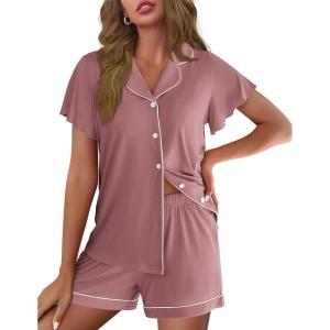 imageEkouaer Pajamas for Women Set Button Up Pjs Short Sleeve Ruffle Sleepwear Notch Collar Bride Soft Pj Lounge Sets SXXLTaro Purple