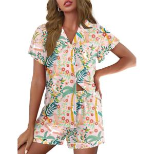 imageEkouaer Pajamas for Women Set Button Up Pjs Short Sleeve Ruffle Sleepwear Notch Collar Bride Soft Pj Lounge Sets SXXLTropical Print