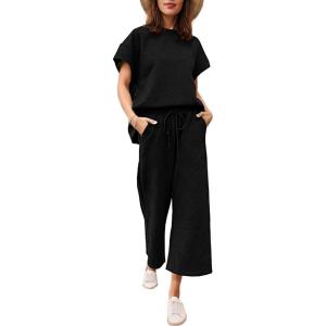 imageEkouaer Womens 2 Piece Outfits Sweatsuits Casual Pullover Cap Sleeve Tops and Wide Leg Sweatpant Lounge Sets Tracksuit SetBlack
