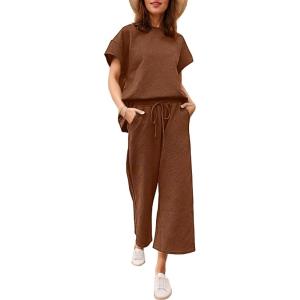 imageEkouaer Womens 2 Piece Outfits Sweatsuits Casual Pullover Cap Sleeve Tops and Wide Leg Sweatpant Lounge Sets Tracksuit SetBrown