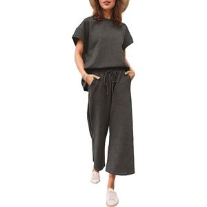 imageEkouaer Womens 2 Piece Outfits Sweatsuits Casual Pullover Cap Sleeve Tops and Wide Leg Sweatpant Lounge Sets Tracksuit SetDark Grey