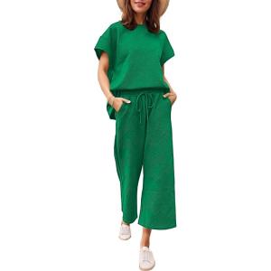 imageEkouaer Womens 2 Piece Outfits Sweatsuits Casual Pullover Cap Sleeve Tops and Wide Leg Sweatpant Lounge Sets Tracksuit SetGreen