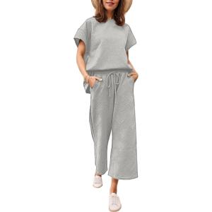 imageEkouaer Womens 2 Piece Outfits Sweatsuits Casual Pullover Cap Sleeve Tops and Wide Leg Sweatpant Lounge Sets Tracksuit SetLight Grey