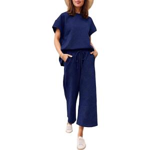 imageEkouaer Womens 2 Piece Outfits Sweatsuits Casual Pullover Cap Sleeve Tops and Wide Leg Sweatpant Lounge Sets Tracksuit SetNavy Blue