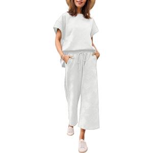 imageEkouaer Womens 2 Piece Outfits Sweatsuits Casual Pullover Cap Sleeve Tops and Wide Leg Sweatpant Lounge Sets Tracksuit SetWhite