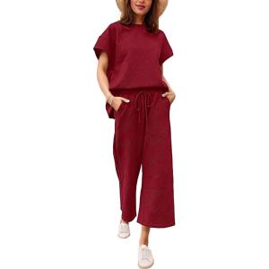 imageEkouaer Womens 2 Piece Outfits Sweatsuits Casual Pullover Cap Sleeve Tops and Wide Leg Sweatpant Lounge Sets Tracksuit SetWine Red