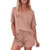 imageEkouaer Pajamas for Women Waffle Knit Lounge Set 2 Piece PJS Short Sleeve Top and Shorts Matching Loungewear with PocketsPink