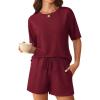 imageEkouaer Ribbed Knit Lounge Set Women Pajama Set Short Sleeve Top and Shorts Set Two Piece Shorts Outfits SetBurgundy