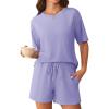 imageEkouaer Ribbed Knit Lounge Set Women Pajama Set Short Sleeve Top and Shorts Set Two Piece Shorts Outfits SetLilac