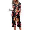 imageEkouaer Womens Pajama Set 2 Piece Cotton Pj Short Sleeve Sleepwear Top with Capri Pants Print NightwearRed Orange Flower