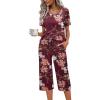 imageEkouaer Womens Pajama Set 2 Piece Cotton Pj Short Sleeve Sleepwear Top with Capri Pants Print NightwearWine Red Flower