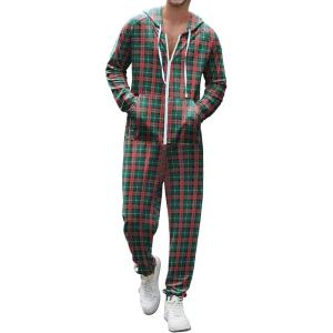 imageEkouaer Christmas Onesie Adult Hooded Zipper Mens 0nesie Pajamas Soft One Piece Pajamas for Men with PocketBlack Plaid