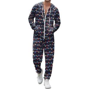 imageEkouaer Christmas Onesie Adult Hooded Zipper Mens 0nesie Pajamas Soft One Piece Pajamas for Men with PocketChristmas Light